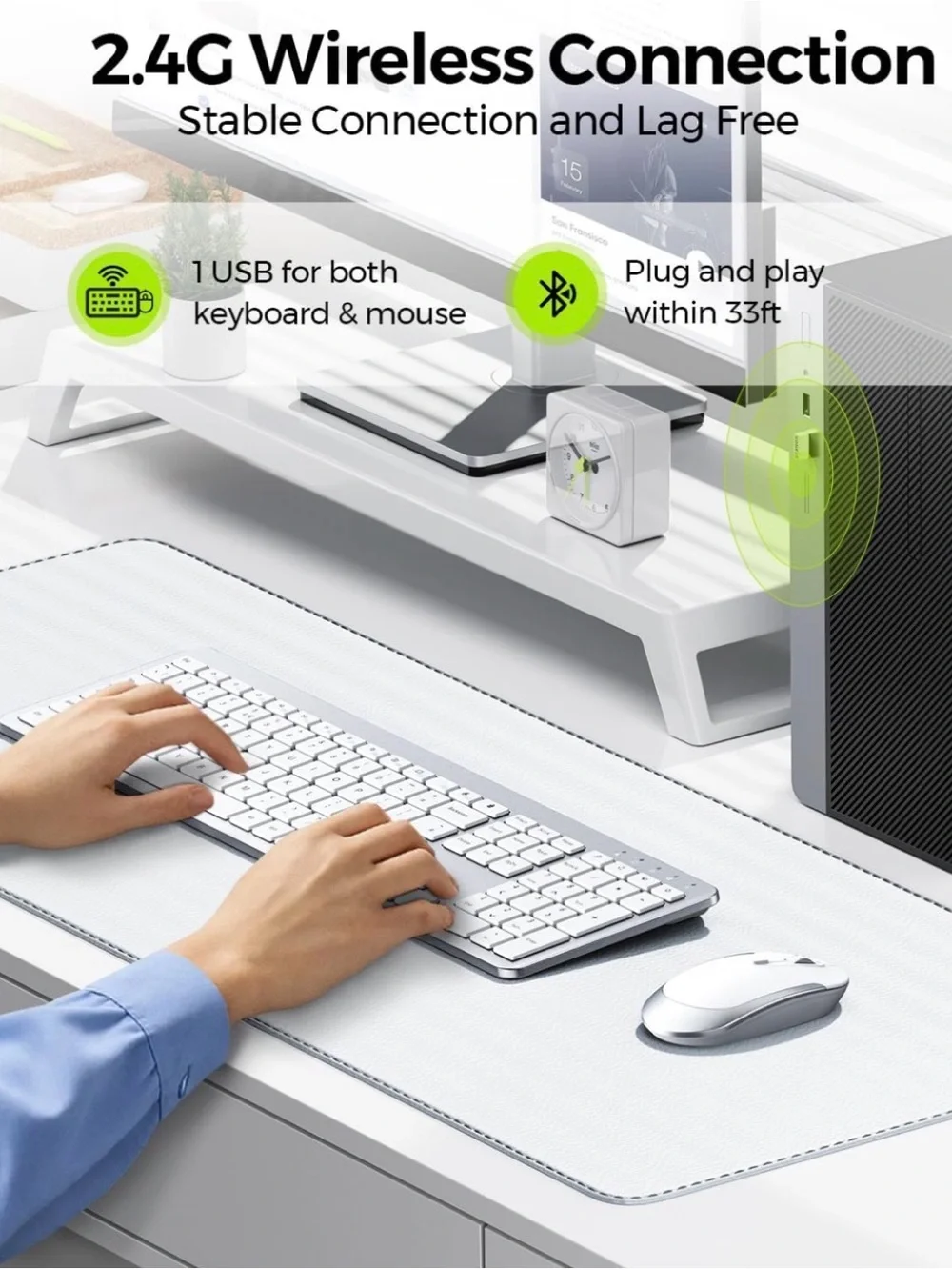 SEENDA SK38 Wireless Keyboard & Mouse Combo Full Size White Silver USB Receiver